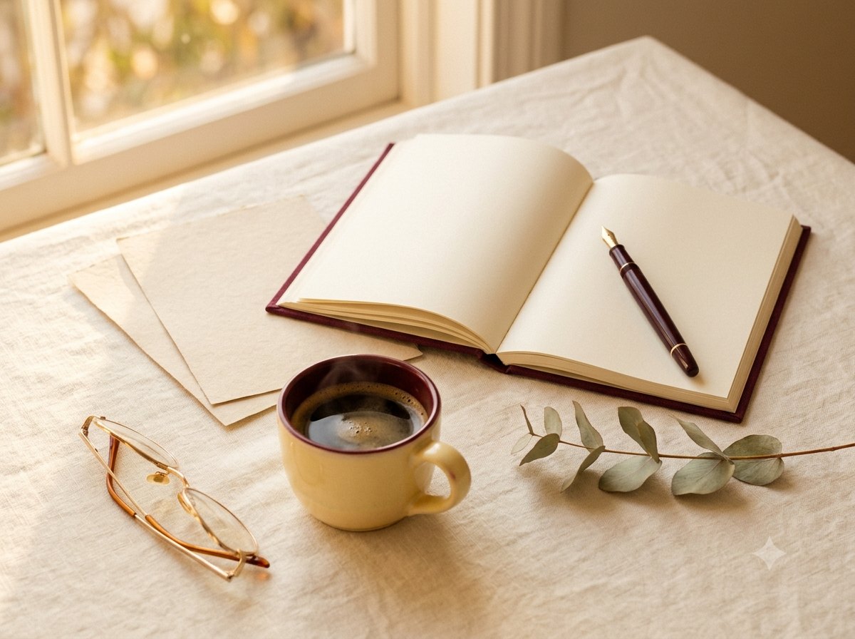 Carnet ouvert, stylo plume et tasse de café sur un bureau baigné de lumière naturelle